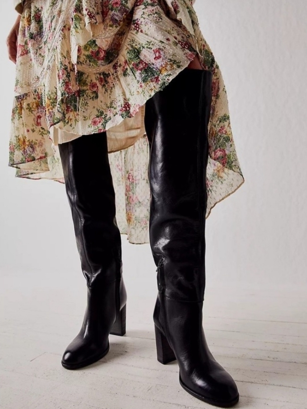 Free People Dakota Black Leather Wood Chunky Heeled Over Knee Boots - Picture 14 of 14